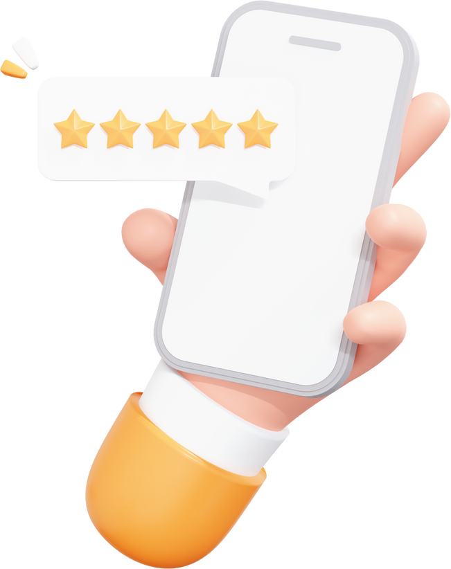 3D Hand holding phone with five star review